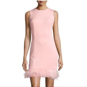 MAIA size 8 NWOT pink sleeveless faux feather trimmed lined midi dress